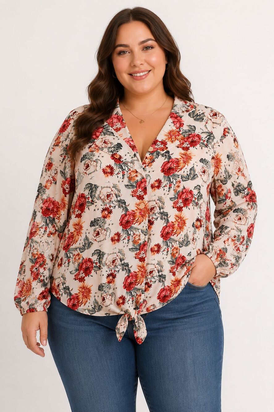 Linen Blend XXL Floral Long Sleeve Button-Up Blouse Front Waist Tie Kaktus NWT